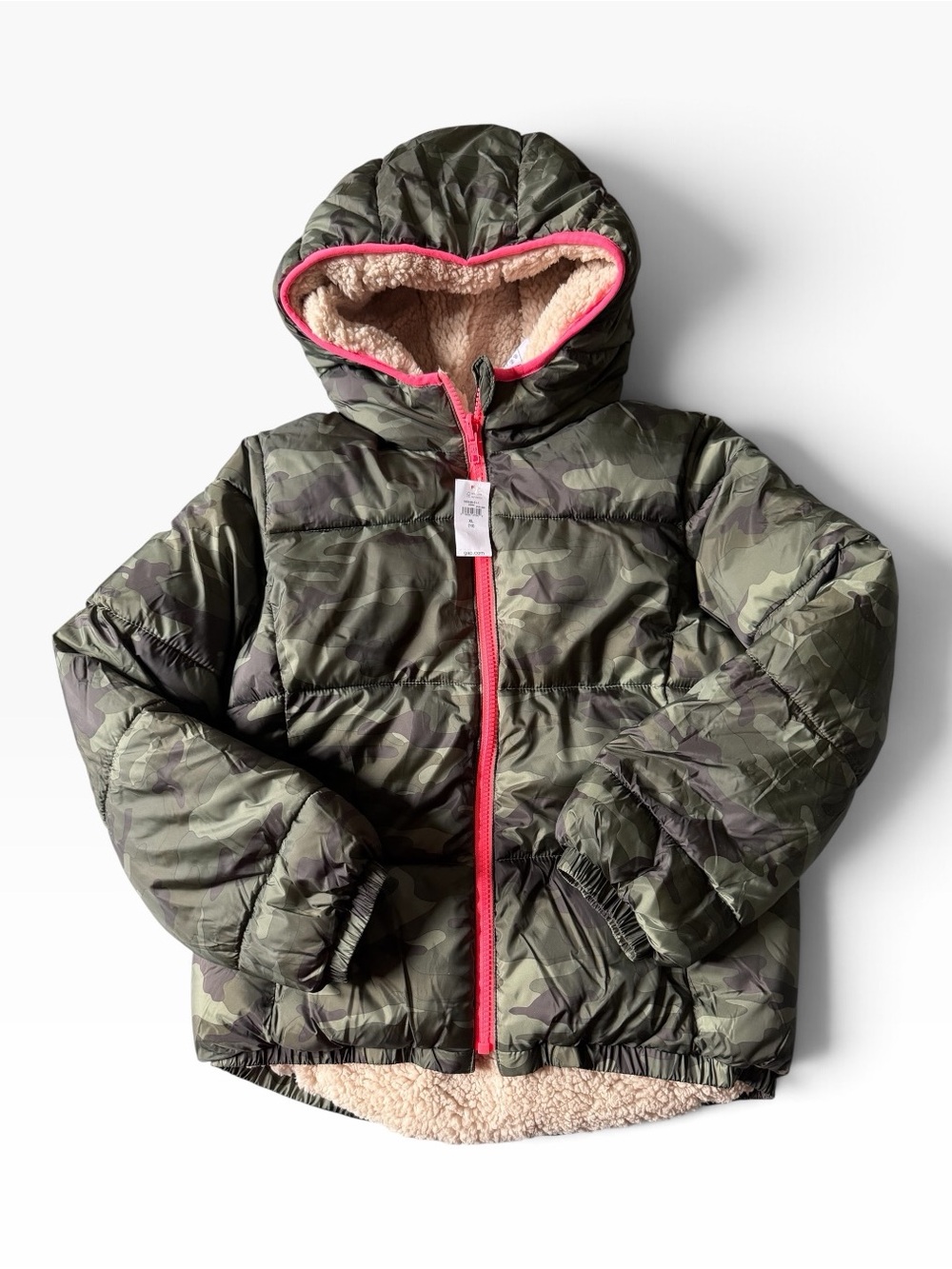 NWT GAP Kids Camouflage Hooded Puffer Jacket with Pink Trim Sherpa Lined